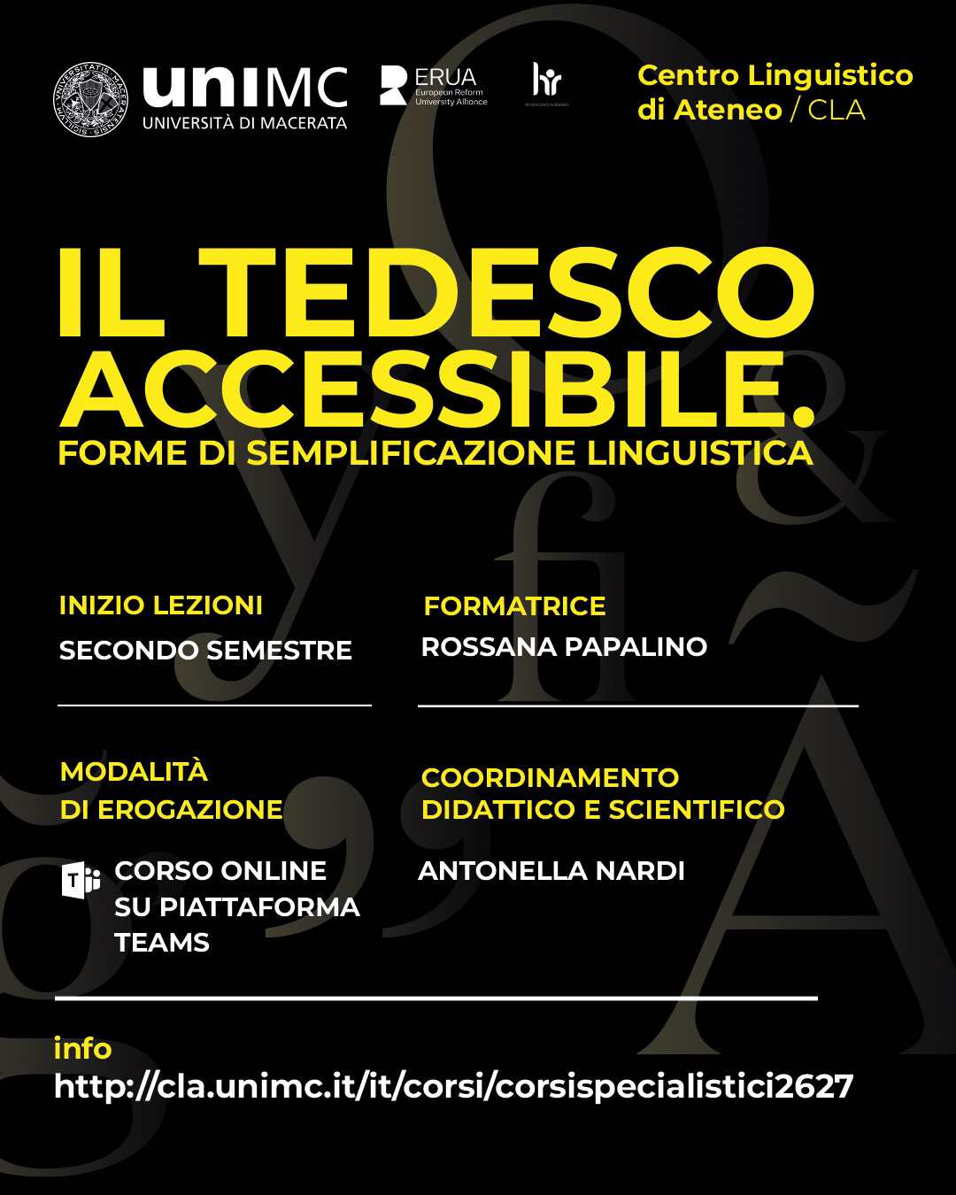 Il corso è indirizzato a tutti gli studenti e studentesse del CdL di Mediazione Linguistica, di Lingue e tutti coloro che vogliono accedere alla lingua con strumenti e modalità nuove. Il calendario del corso verrà pubblicato all'inizio del secondo semestre e si terrà online.